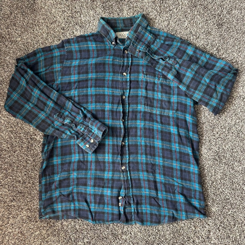 The Men's Store at Sears Vintage Flannel Tall Medium Teal Blue Plaid Button Down